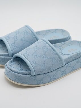 size 37G 7 US Gucci GG Monogram Logo Canvas Platform Sandals Ligth Blue
